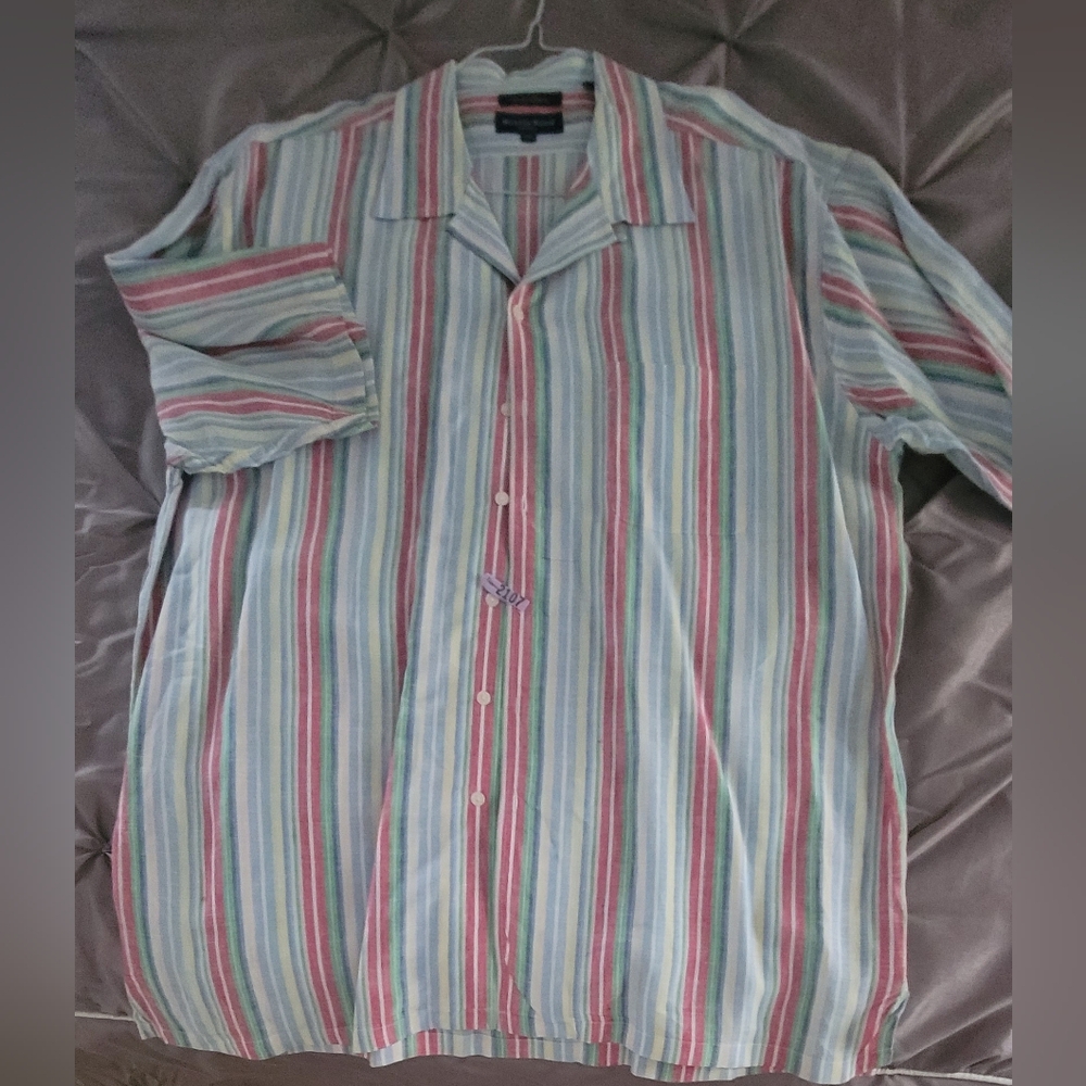 Austin Reed Short Sleeve Striped Multi Color Shirt XXL Linen
